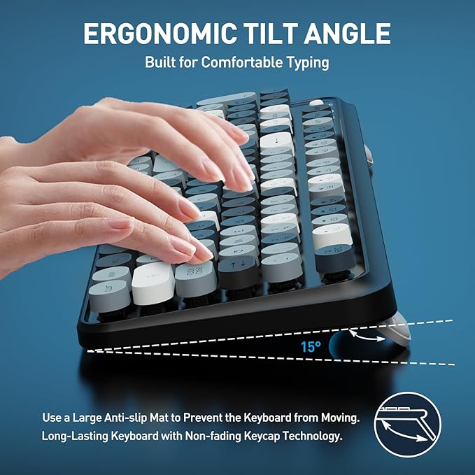 FOPETT Wireless Keyboard and Mouse Combo, 105 Keys Full-Sized 2.4 GHz Round Keycap Colorful Keyboards, USB Receiver Plug and Play, for Windows, Mac, PC, Laptop, Desktop (Grey Colorful)