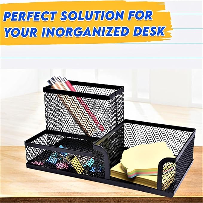 4 Pack 3-in-1 Mesh Pen Holder Desk Organizer, 3 Compartments Pencil Holder Caddy with Sticky Notes Holder for Home, Office & School