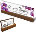 Artblox Personalized Office Desk Name Plate and Business Card Holder | Clear Acrylic Glass with Teak Wood Stand | Purple Orchids Design Customized with Your Name and Credentials Office Desk Decor