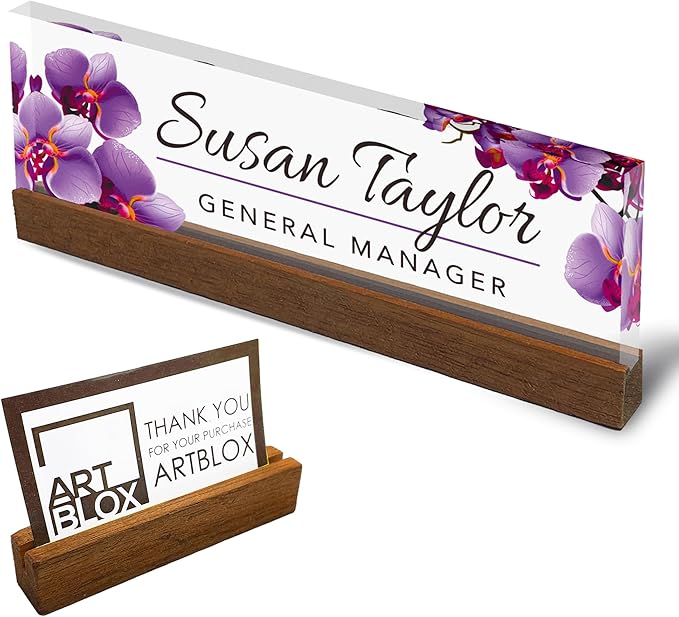 Artblox Personalized Office Desk Name Plate and Business Card Holder | Clear Acrylic Glass with Teak Wood Stand | Purple Orchids Design Customized with Your Name and Credentials Office Desk Decor