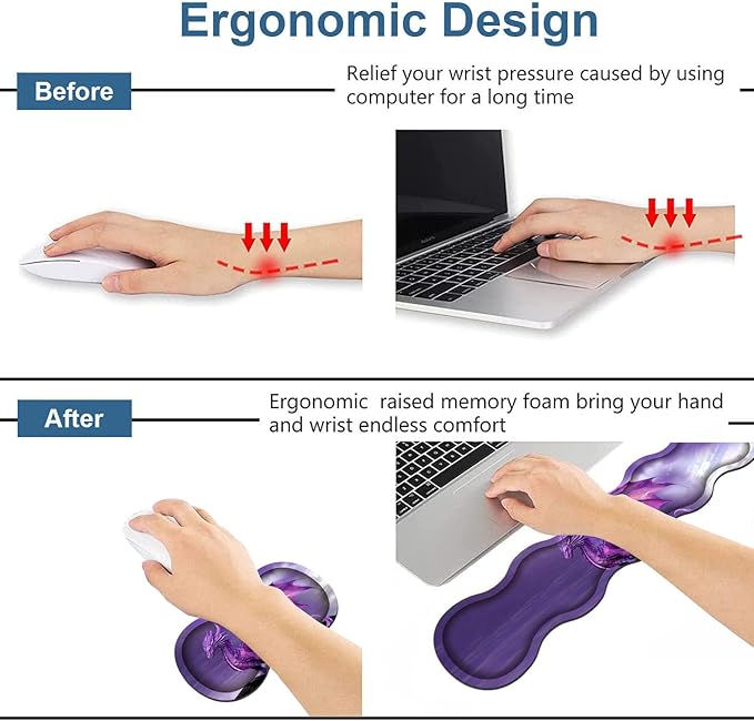 Ergonomic Keyboard Wrist Rest & Mouse Pad Wrist Rest Set, Large XXL Gaming Desk Mat 31.5"x 11.8" with Memory Foam, Easy Typing Pain Relief for Office & Home, Purple Dragon