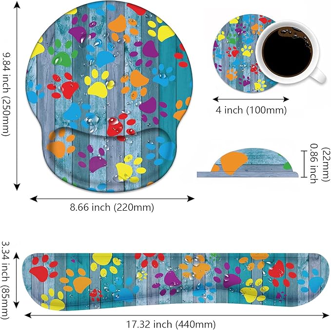 Keyboard Wrist Rest and Mouse Pad Wrist Support Set, Non-Slip PU Base Ergonomic Gaming Mousepad for Home Office Working Studying Easy Typing & Pain Relief, Rustic Wooden Board Colorful Paw Print