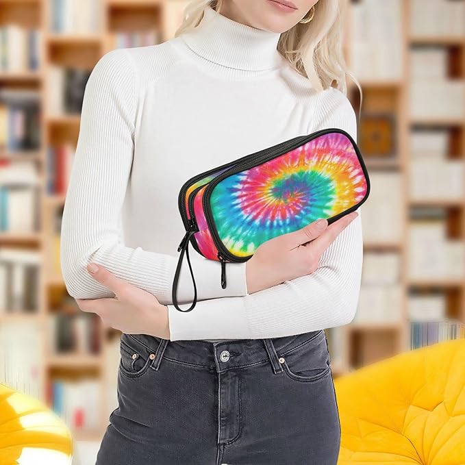 Tie Dye Rainbow Pencil Case Box Boys Girls Large Pencil Pouch with Zipper Compartments Big Capacity Stationery Pen Bag Organizer for Kids Teens Adults School Office