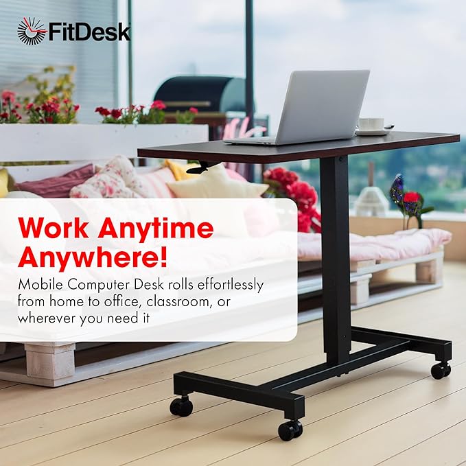 FitDesk Portable Laptop Desk, Rolling Standing Workstation Adjustable Height, Compact Standing Table with Large Surface, Small Stand Desk for Home Office, 30 lb Weight Limit – Walnut, 27" Tabletop