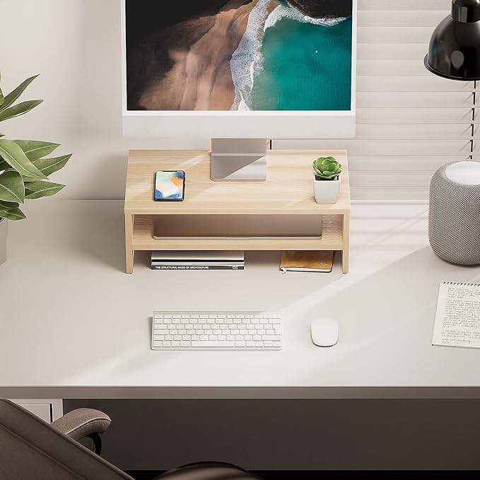 FITUEYES Monitor Stand - 2 Tier Computer Monitor Riser Shelf, Wood Desktop Stand for Laptop Computer Screen, Desk Organization, Office Supplies