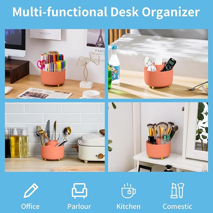 Marbrasse Desk Organizer, 360-Degree Rotating Pen Holder, Desk Organizers and Accessories with 5 Compartments Pencil Holder, Art Supply Storage Box Caddy for Office, Home（Orange）