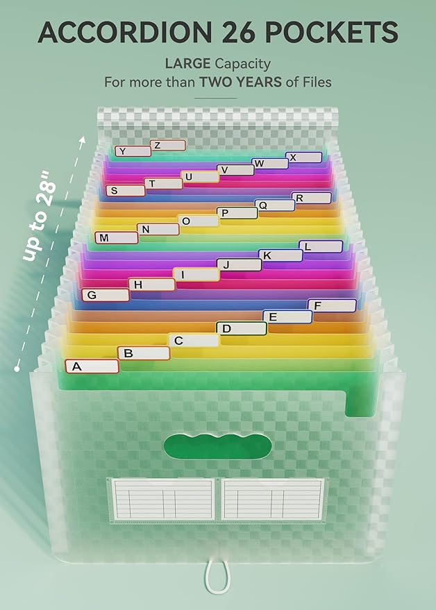 ABC life 26 Pockets Accordian File Folder Organizer Letter Size Expanding File Folder, A4 Portable Document Paper School Organizer, Expandable Multicolor Accordion Filing Folders with Labels(Green)