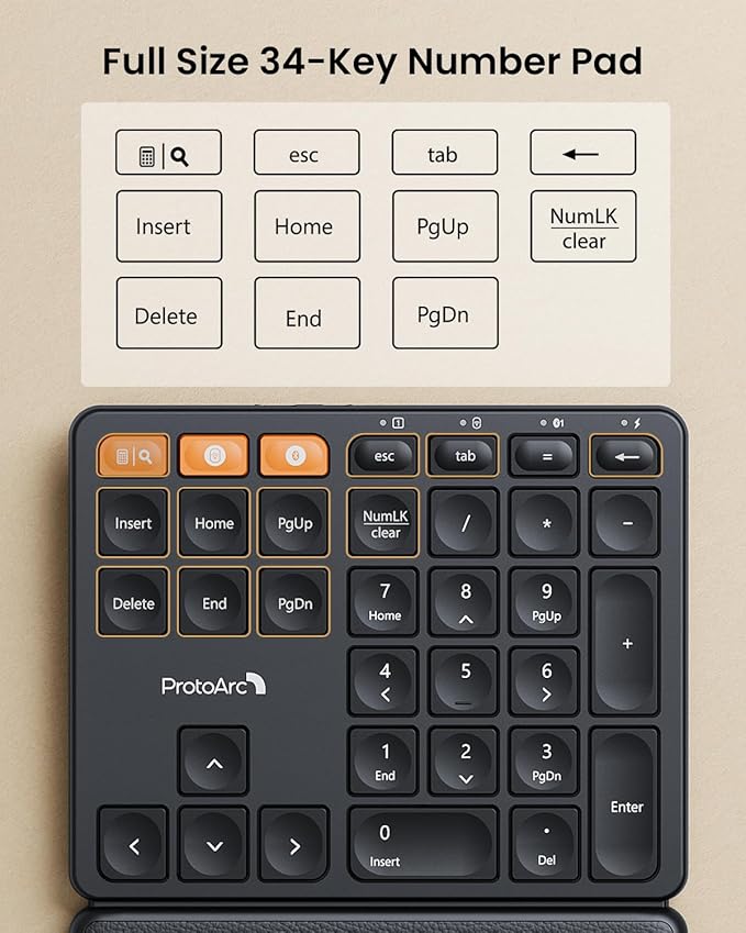ProtoArc Wireless Number Pad, EK04 N Ergonomic Numeric Keypad with Wrist Rest, Bluetooth and USB, Rechargeable, for Windows PC/Laptop, Mac OS