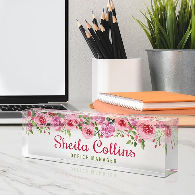 Rose B Acrylic Name Plate - Personalized Desk Name Plate, Employee Appreciation Gift, Office Decor Accessory