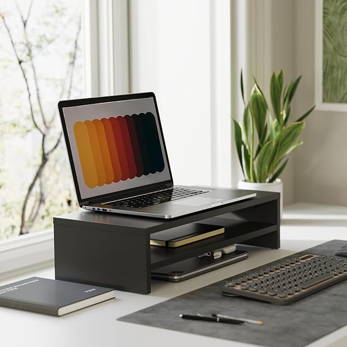 FITUEYES Monitor Stand - 2 Tier Computer Monitor Riser with 21.3 Inch Shelf, Wood Desktop Stand for Laptop Computer Screen, Desk Organization, Office Supplies