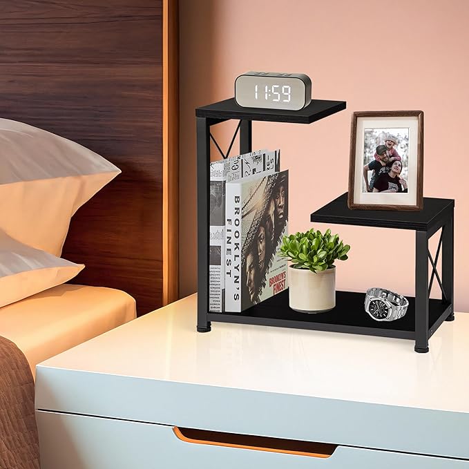 Desk Shelf Organizer, 3 Tier Storage Shelf Riser Display Stand, Wood Desktop Organizer Small Bookshelf, Desktop Shelf for Office Decor and Desk Accessories,Rustic Brown Black