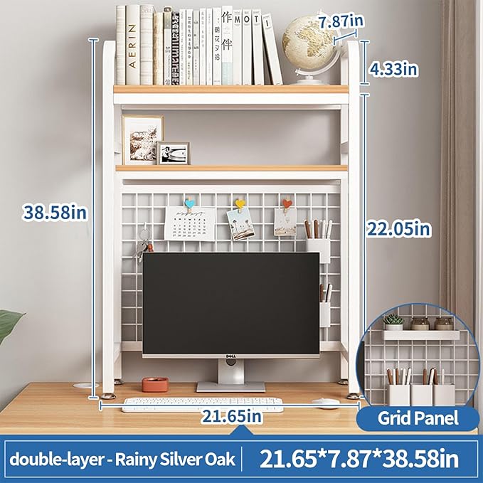 Desk Shelf Bookcase 2-Tier Metal Desktop Bookshelf Hutch with Grid Panel and DIY design possible Multipurpose Storage Organizer Display Rack for Dorm Office Home Computer Desk(White 21.7"×7.9"×38.6")