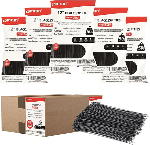 5000pcs 12Inch Black Cable Tie,Nylon Zip Ties,Industrial Grade,50 Pounds Tensile Strength,UV Resistant,Heavy Duty,for Home,Garden Trellis,Office,Garage and Workshop