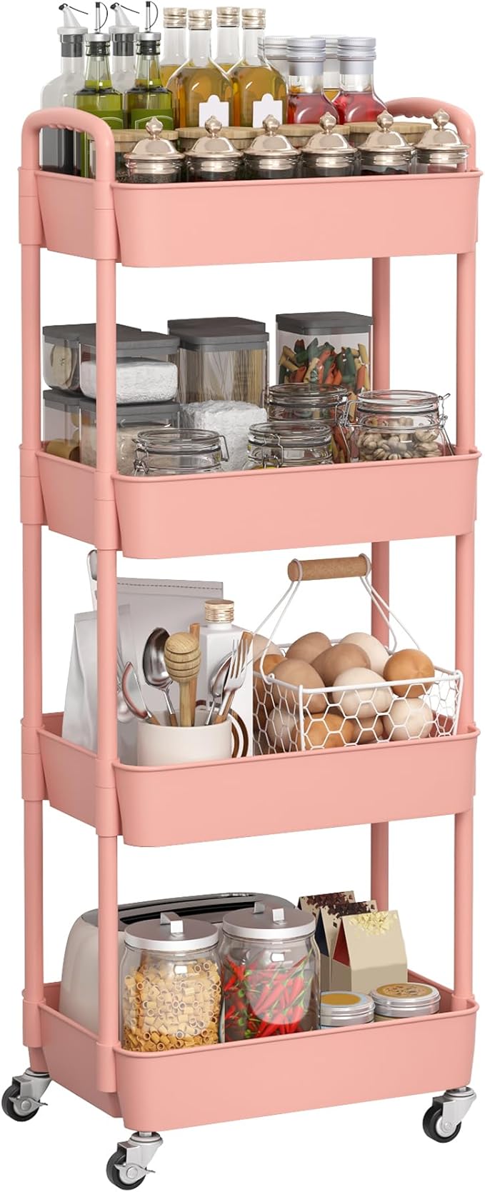 Sywhitta 4-Tier Plastic Rolling Utility Cart with Handle, Multi-Functional Storage Trolley for Office, Living Room, Kitchen, Movable Storage Organizer with Wheels, Pink