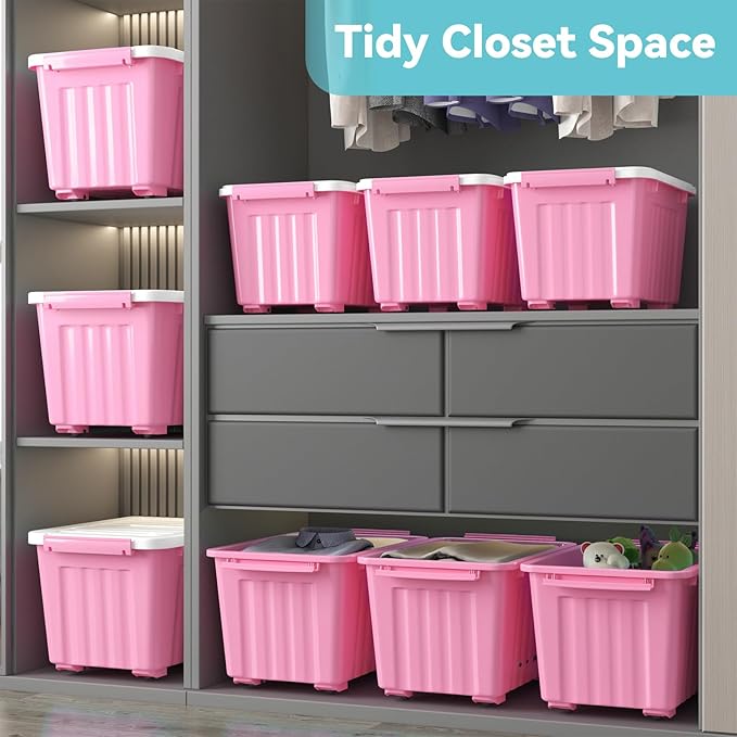 Nazhura Plastic Storage Bin, Stackable and Nestable Storage Boxes with White Lids and Secure Latching Buckles, Large Storage Container (Pink/White, 72Quart-4Pack)