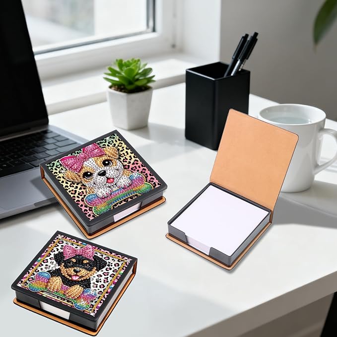 2 pcs Dog Diamond Painting Kit Note Box,Animal Memo Paper Storage Box Diamond Art,Sticky Note Holder Diamond Art,Diamond Painting Memo Pad For Office Desk. (Animal)