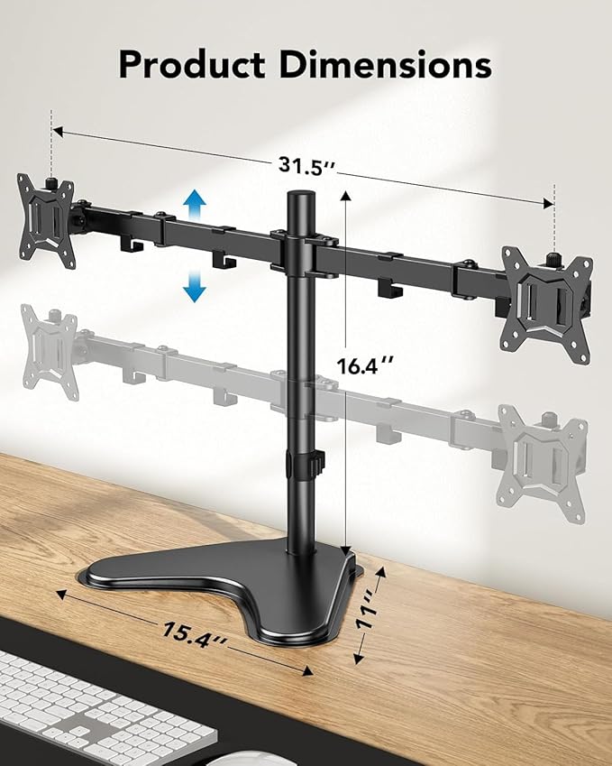 HUANUO 32 inches Dual Monitor Stand up to 17.6lbs per Arm, High-Grade Aluminum Free Standing Dual Monitors Mount for 2 Screens. Fully Adjustable Dual Monitor Stand for Desk with Tilt, Swivel, Rotation