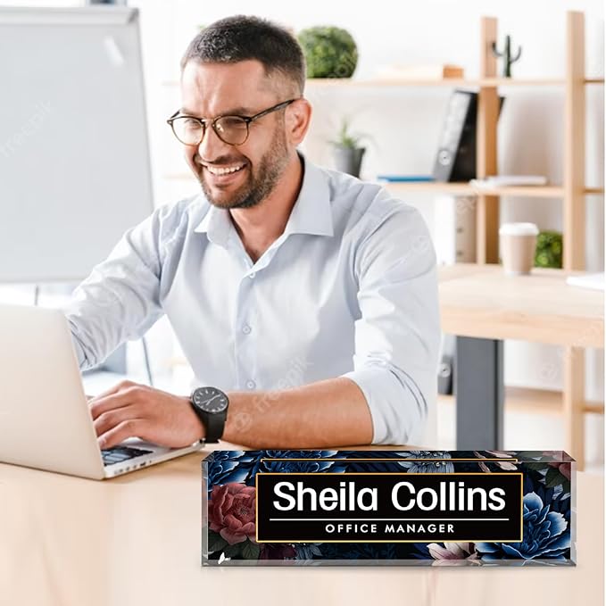 Custom Acrylic Name Plate for Desk, Employee Appreciation Gifts, Office Decor, Personalized, Funny Gifts for Coworkers, Boss, Teacher (Blue Flowers)