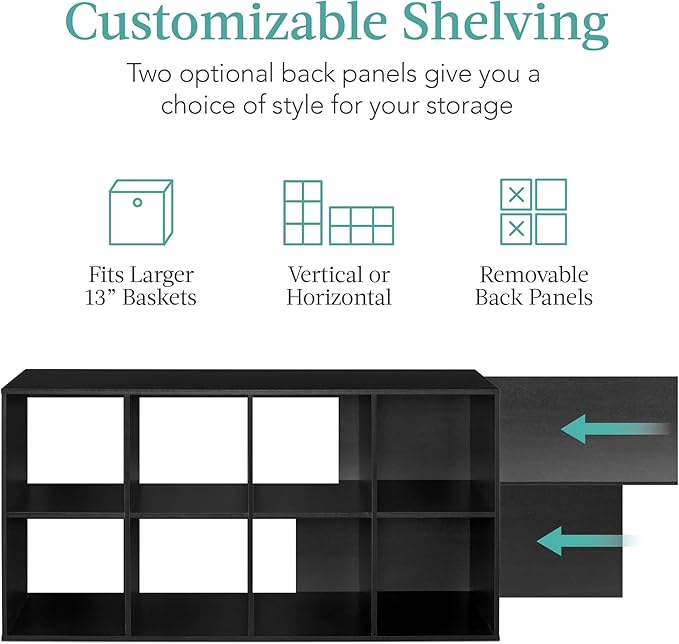 Best Choice Products 8-Cube Storage Organizer, 13.5in Shelf Opening, Bookcase, Display Shelf, Customizable w/ 2 Removable Back Panels – Black
