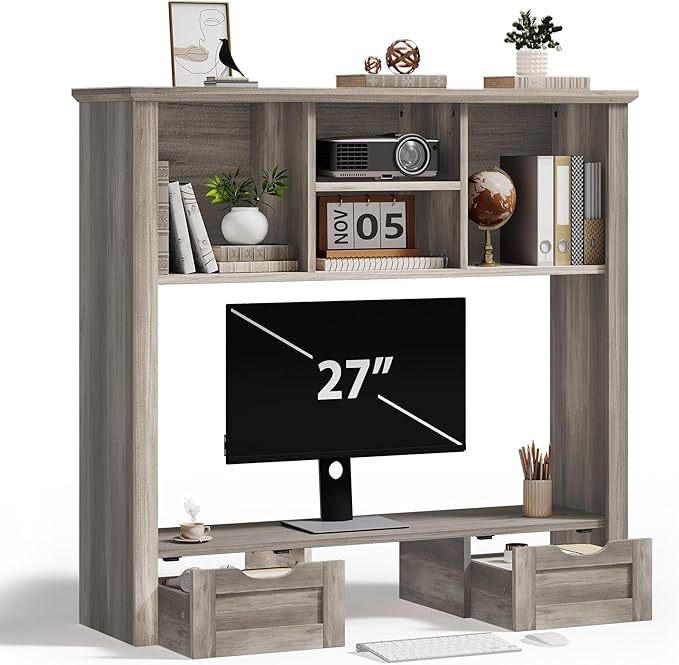 Desktop Bookshelf with Computer Monitor Stand, 37.4''W Desk Shelf Display Rack, Desktop Organizer Storage Rack with 4 Cubbies and 2 Drawers, 5-Tier Desk Hutch for Home, Office, Dorm, Vanity