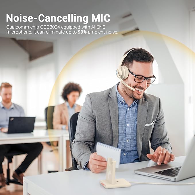 JIAMQISHI Bluetooth Headset - Wireless Headset with Noise Cancelling Microphone, V5.2 Computer Headphones with USB Dongle, Charging Base & Mic Mute for Work/Call Center/PC/Laptop/Online Class/Zoom