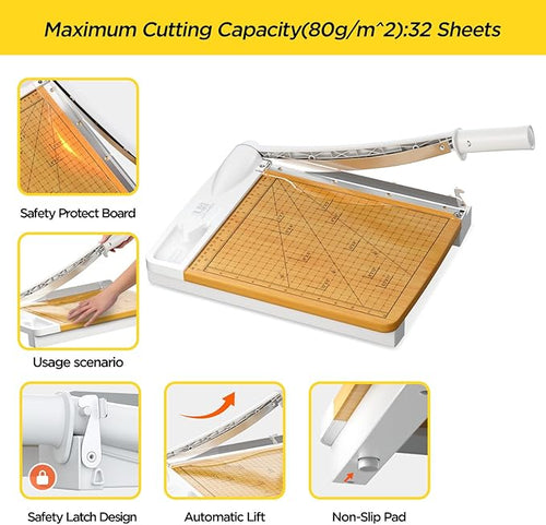 12 inch Wood Guillotine Paper Cutter, Heavy Duty Wood Paper Trimmer with 16 Sheets Paper Cutting Board for Classroom, Crafting, Cardstock, Art Projects (White)