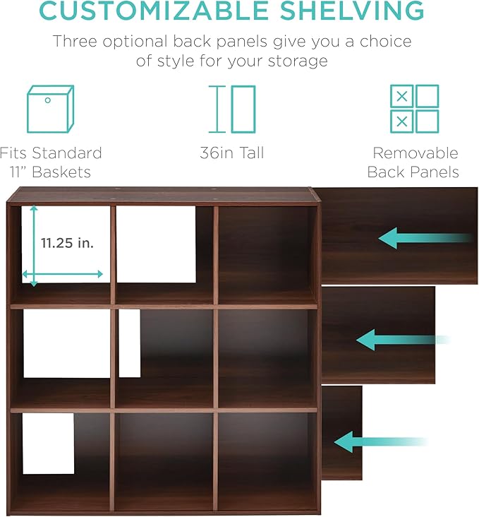 Best Choice Products 9-Cube Storage Organizer, 11in Shelf Opening, Bookcase, Display Shelf, Customizable w/ 3 Removable Back Panels - Walnut