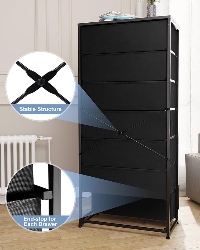 Crestlive Products Tall Dresser, 7-Drawer Wide Fabirc Storage Tower, Chests of Drawers - Vertical Organizer Unit for Bedroom, Hallway, Entryway, Nursery, Wood Top, Closets with Handles (Black)