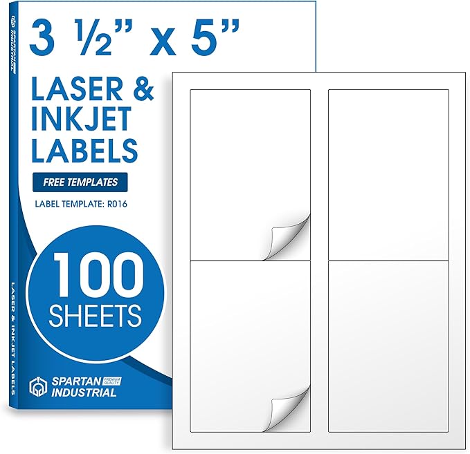 3 1/2" X 5" Matte White Printable Labels for Inkjet and Laser Printers - 100 Sheets, 400 Custom Stickers for Shipping Labels, Address Stickers, Organization - Spartan Industrial Template R016