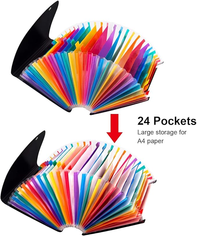 Uquelic 24 Pocket Expanding File Folder with Cover - Large Plastic Rainbow Expandable File Organizer Self Standing Accordion A4 Document Folder Wallet Briefcase Business Filing Box
