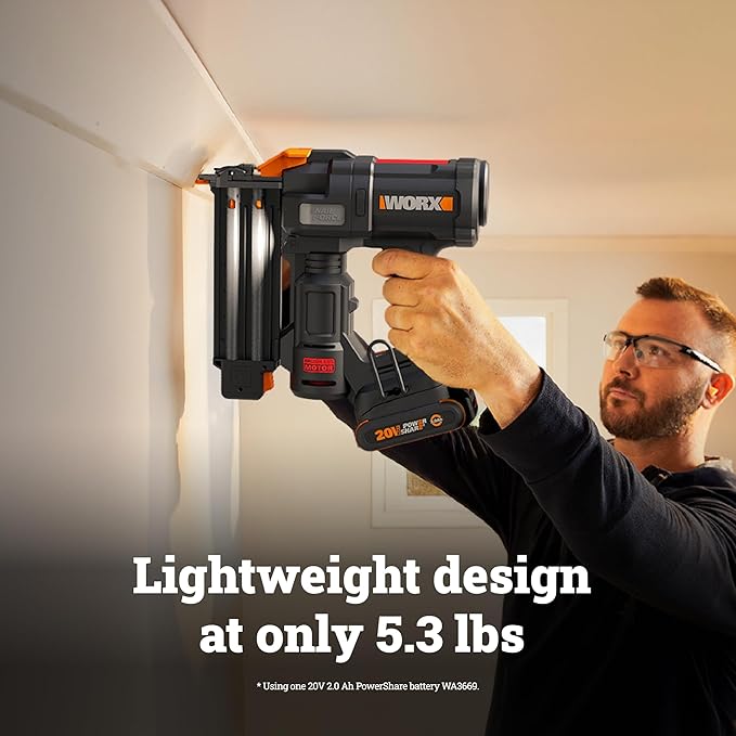 WORX Brad Nailer Cordless, 20V 18 ga Brushless Nail Gun Cordless, High Driving Power, Up to 2-⅛" into Hardwood, Narrow Nose, 3 LEDs, 3000 Nails & 20V 2.0 Ah Battery and Charger Included, PowerShare