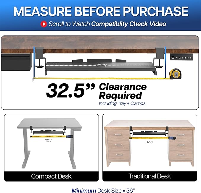 VIVO Large Keyboard Tray Under Desk Pull Out with Extra Sturdy C Clamp Mount System, 27 (33 Including Clamps) x 11 Inch Slide-Out Platform Computer Drawer for Typing, Black, MOUNT-KB05E