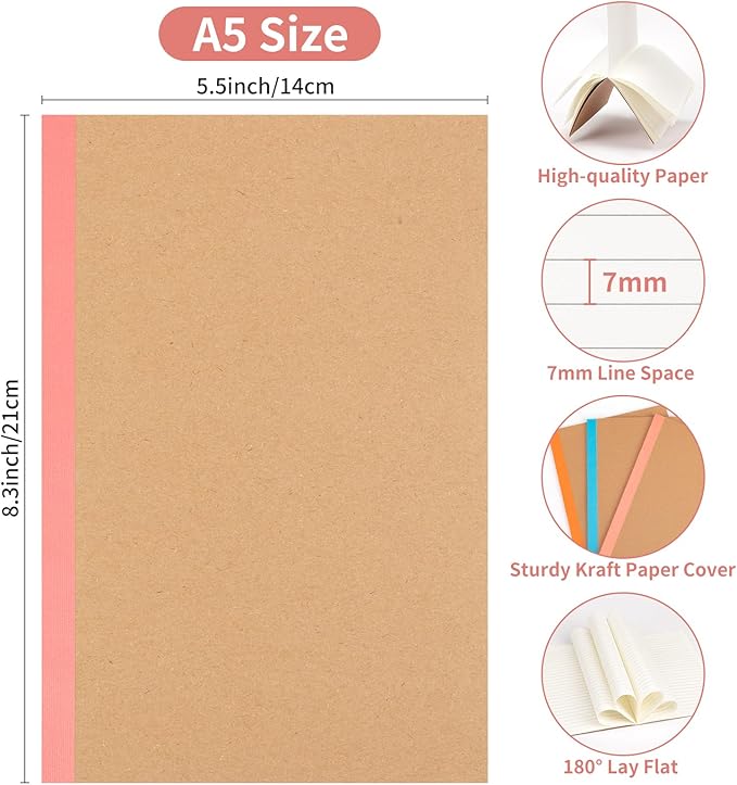 ALKALO 120 Pack Lined Notebook Journals Bulk, A5 College Ruled Composition Notebook, 8.3”x 5.5”, Kraft Cover with Rainbow Spines, 15 Colors 60 Pages for School Office Travel