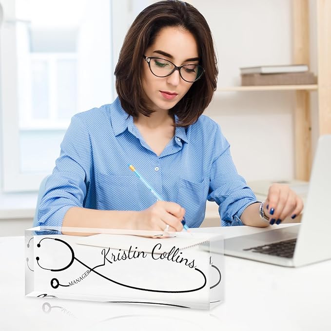 Custom Name Plate for Desk, Personalized Desk Name Plate on Clear Acrylic Glass, Appreciation Gifts for Teacher Employee Boss Coworkers Nurse, Office Desk Accessories for Women Men (Onyx)