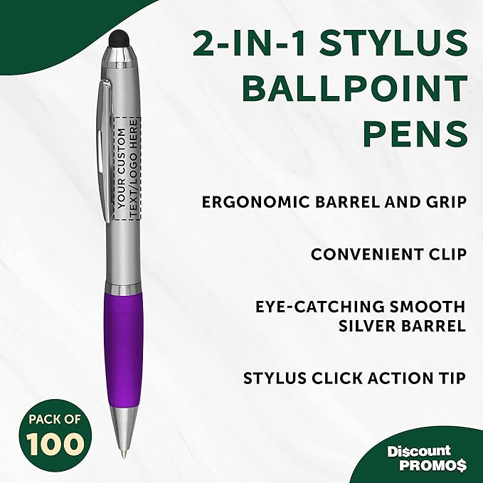 DISCOUNT PROMOS Custom Stylus Ballpoint Pens Set of 100, Personalized Bulk Pack - Black Ink, Great for Office, School, Business, Tradeshows, Events - Purple