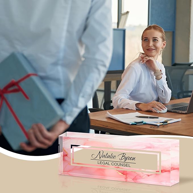 Personalized Name Plate for Desk, Custom Acrylic Desk Name Sign, Office Appreciation Gifts for Women Men Coworkers Boss Teacher Employee (Pink Marble)