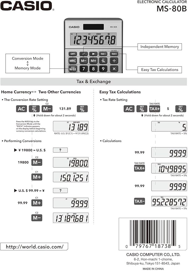 Casio MS-80B Calculator – Desktop Calculator with Tax & Currency Tools | General Purpose | Large Display | Ideal for Home, Office & Everyday Math