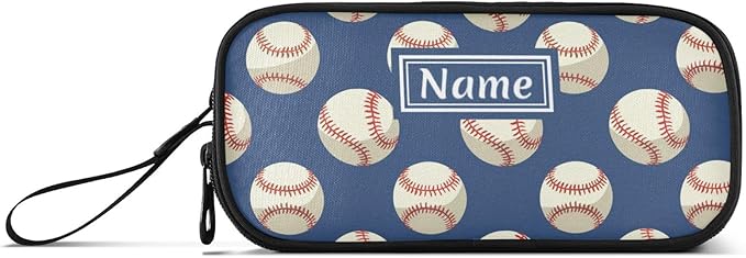 Custom Baseballs Ball Blue Pencil Case Box Boys Girls Personalized Name Large Pencil Pouch Stationery Pen Bag Organizer for Kids Adults School Office