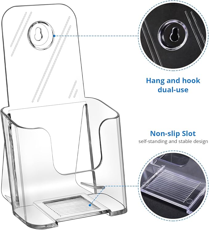 Zavekia Acrylic Brochure Organizer. 4 Inch Wide, Clear Countertop & Wall Mount Literature Holder (6 Pack)