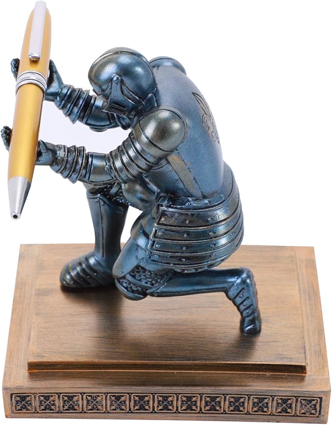 Knight Pen Holder Desk Ornament Resin Pencil Holders Desk Accessories and Organizer For Men with a Cool Pen (Blue)