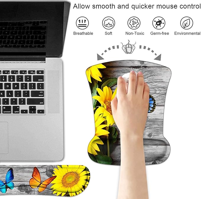 Keyboard Wrist Rest and Mouse Pad Wrist Support Set with Coasters, Non-Slip PU Base Ergonomic Gaming Mousepad for Home Office Working Studying Easy Typing & Pain Relief - Sunflower and Butterfly
