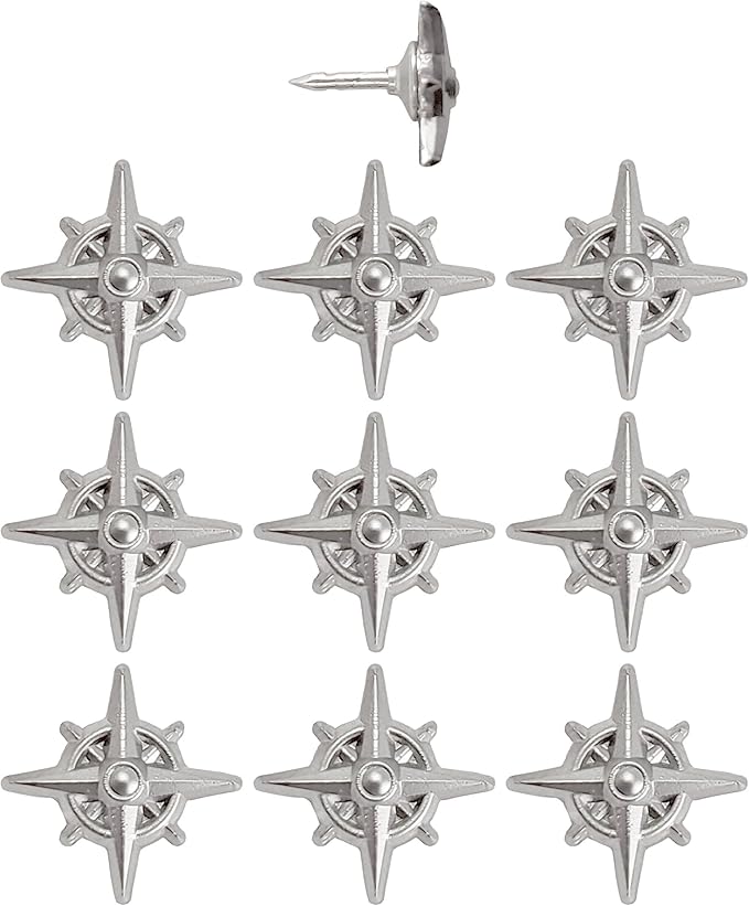 Compass Push Pins - Silver Metal Compass Rose Pins - for Cork Board, Maps, or Lapel Pin Use - Designed in USA - Set of 10