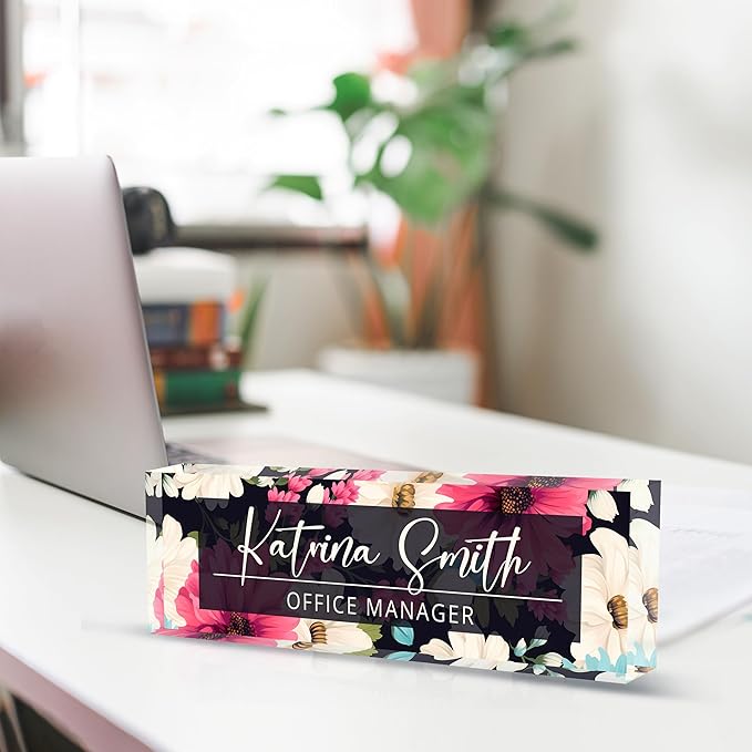 Personalized Name Plate for Desk, Custom Desk Name Plate, Acrylic Name Plate Office Desk Accessories, Personalized Office Gifts for Coworkers Teachers, Employee Appreciation Gifts (C-Dark Floral)