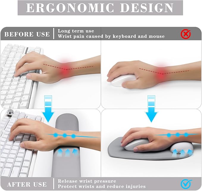 Wrist Rest Support for Mouse Pad and Keyboard Set, Ergonomic Gel Computer Keyboard Wrist Rest with Memory Foam for Long Hours of Work, Gaming, Studying-Relieve Wrist Pain (Light Grey)