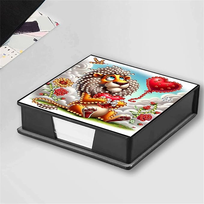 Lion Diamond Painting Note Box Memo Pad Holder,Animal Diamond Art Sticky Notes Organizer for Desk, Aesthetic Stationery Storage Case for Office,School Supplies (Lion)