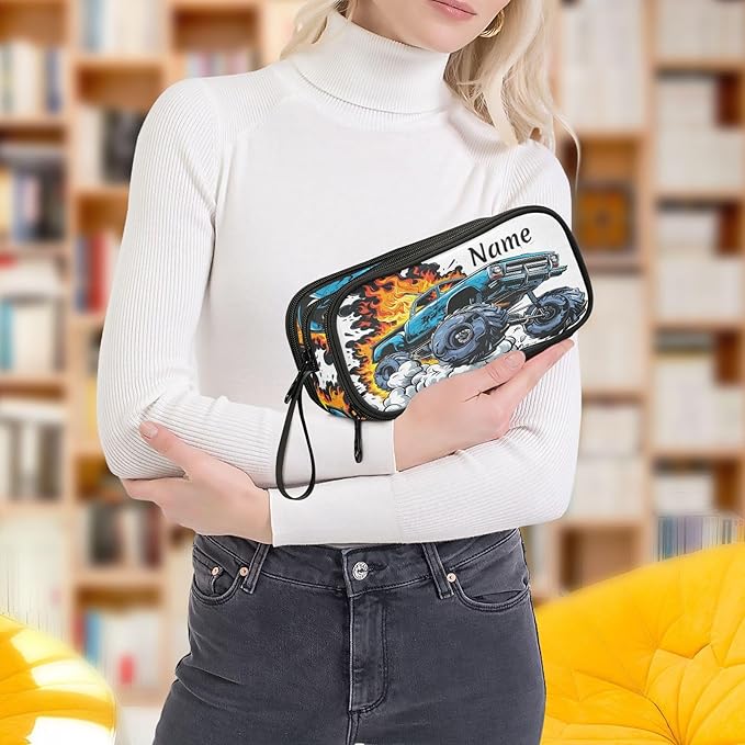Custom Monster Truck Flame Pencil Case Box Boys Girls Personalized Name Large Pencil Pouch Stationery Pen Bag Organizer for Kids Adults School Office