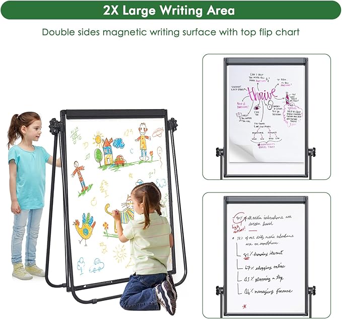 Stand White Board Magnetic 40 x 28 inches Dry Erase Board Double Sided Height Adjustable Flip Chart Easel with Flipchart Hooks for Teaching Presentation Meeting, Black