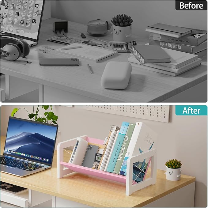 ELITEROO Tabletop Bookshelf, Simple Wood Book Organizer for Desk, Tilted Table Bookcase, Small Desktop Book Rack for Cookbook Display, Kids Reading, Office Storage, Pink