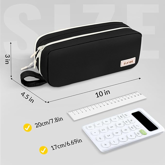 SUNEE Pencil Case, Large Capacity Pencil Pouch, Aesthetic Pen Bag Office Stationery Organizer Simple Sturdy Multifunctional for Teen Girls Women Men, Black