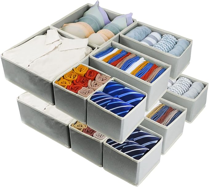 12 Pack Drawer Organizer Clothes, Foldable Fabric Dresser Organizer Closet Organizers and Storage Box for Underwear,Folded Clothes,Baby Clothing,Socks,Bra,Towels,Ties(12 Pack,Gray)